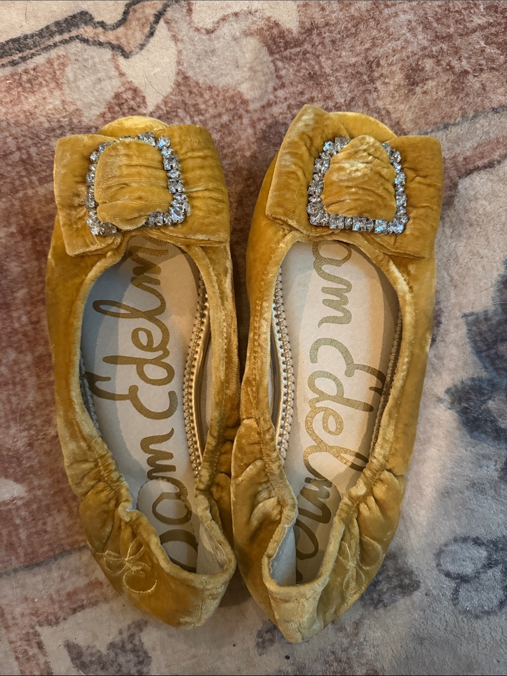 Girls Sam Edelman Velvet Ballet Flats in Mustard/gold with Crystal Buckles